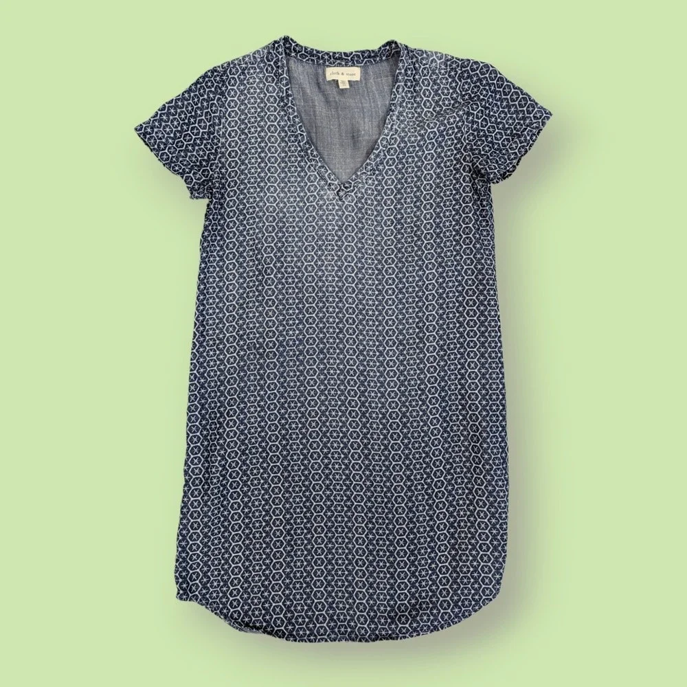 Anthropologie‎ Cloth & Stone Justine XS Blue Chambray Shift Dress Boho Geo Print